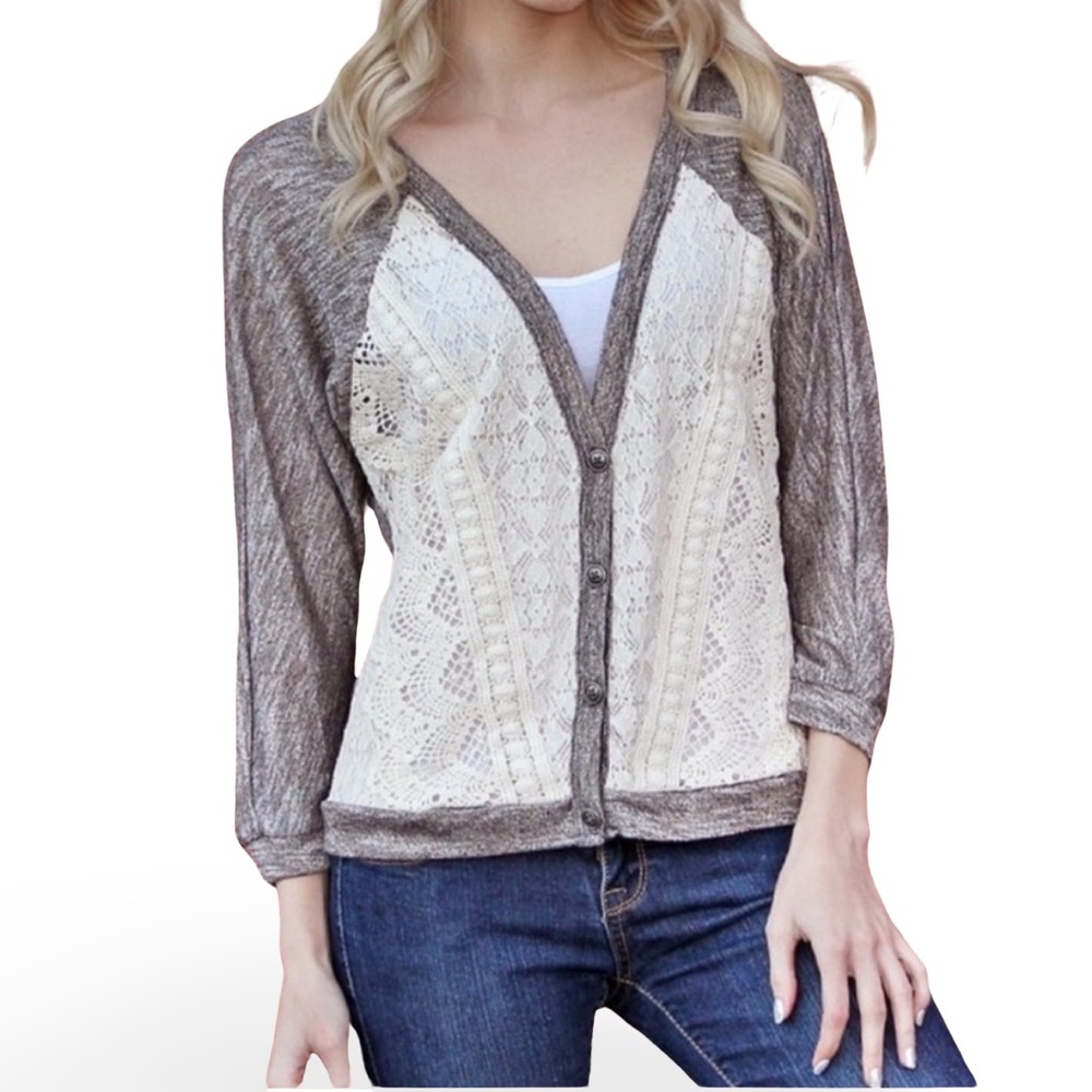 Spoiled Cream and Taupe Lace-Front Cardigan